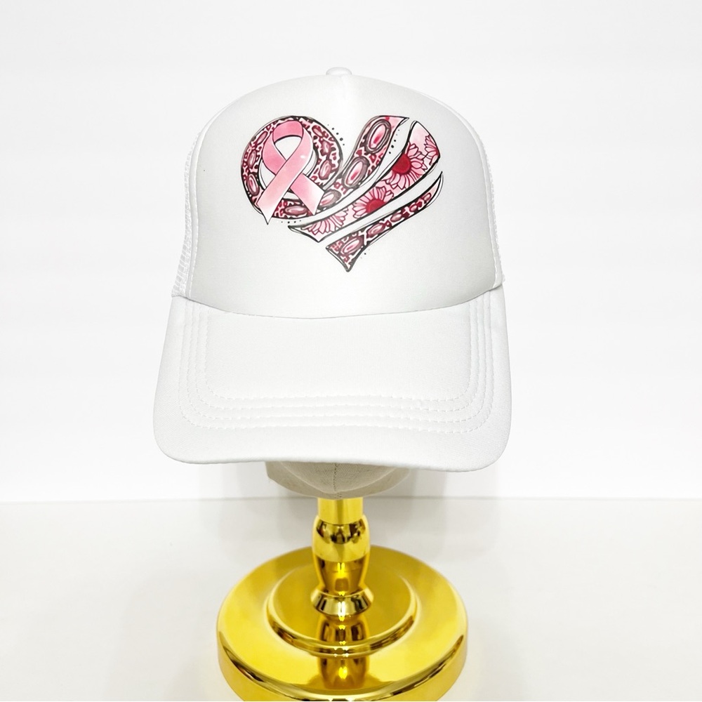 Breast Cancer Awareness Trucker Hat 🎀 Pink Ribbon Heart Mesh Cap Adjustable